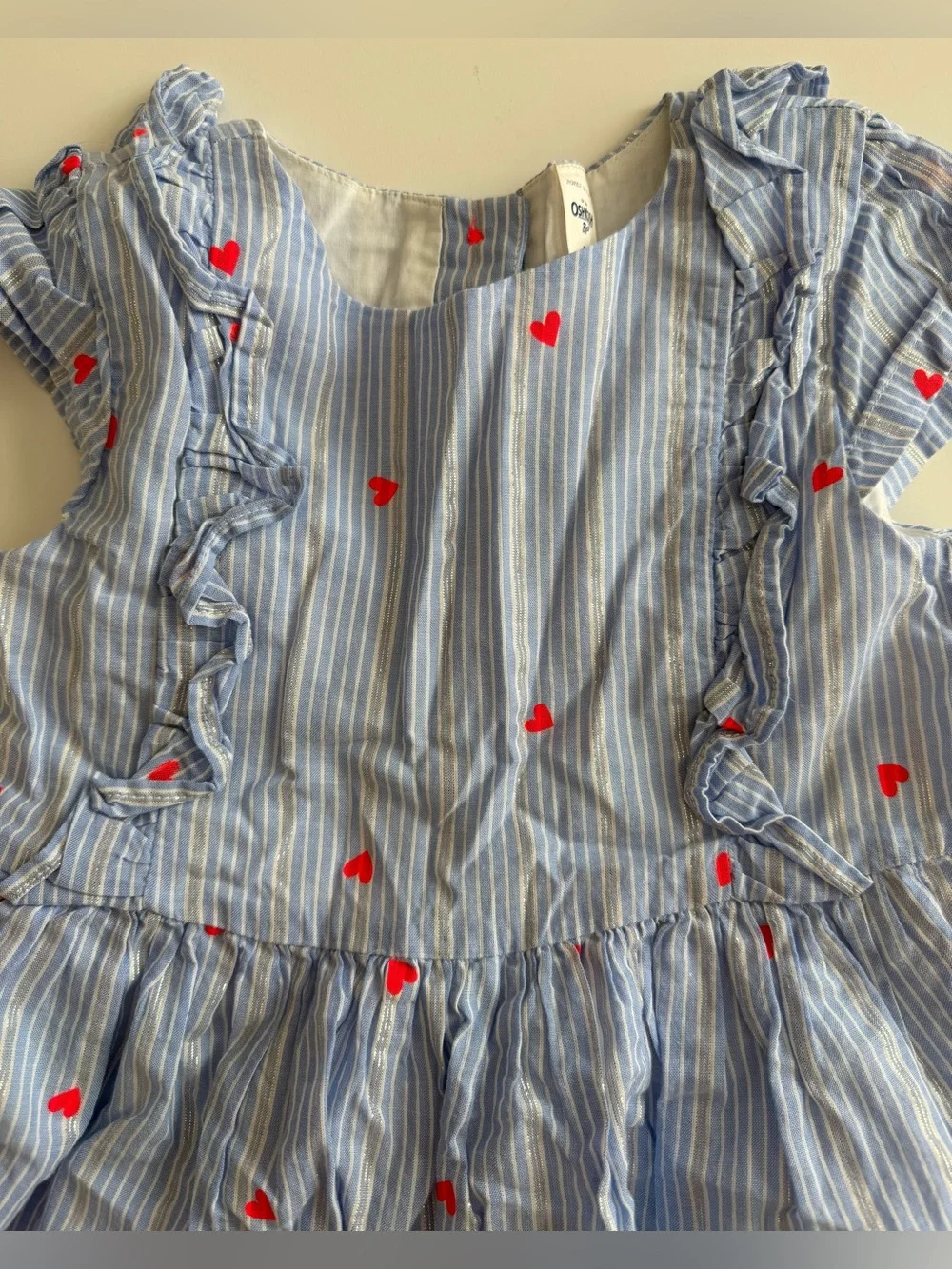 Oshkosh 5t Girls Dress White & Blue Striped with Silver Metallic accents, Hearts